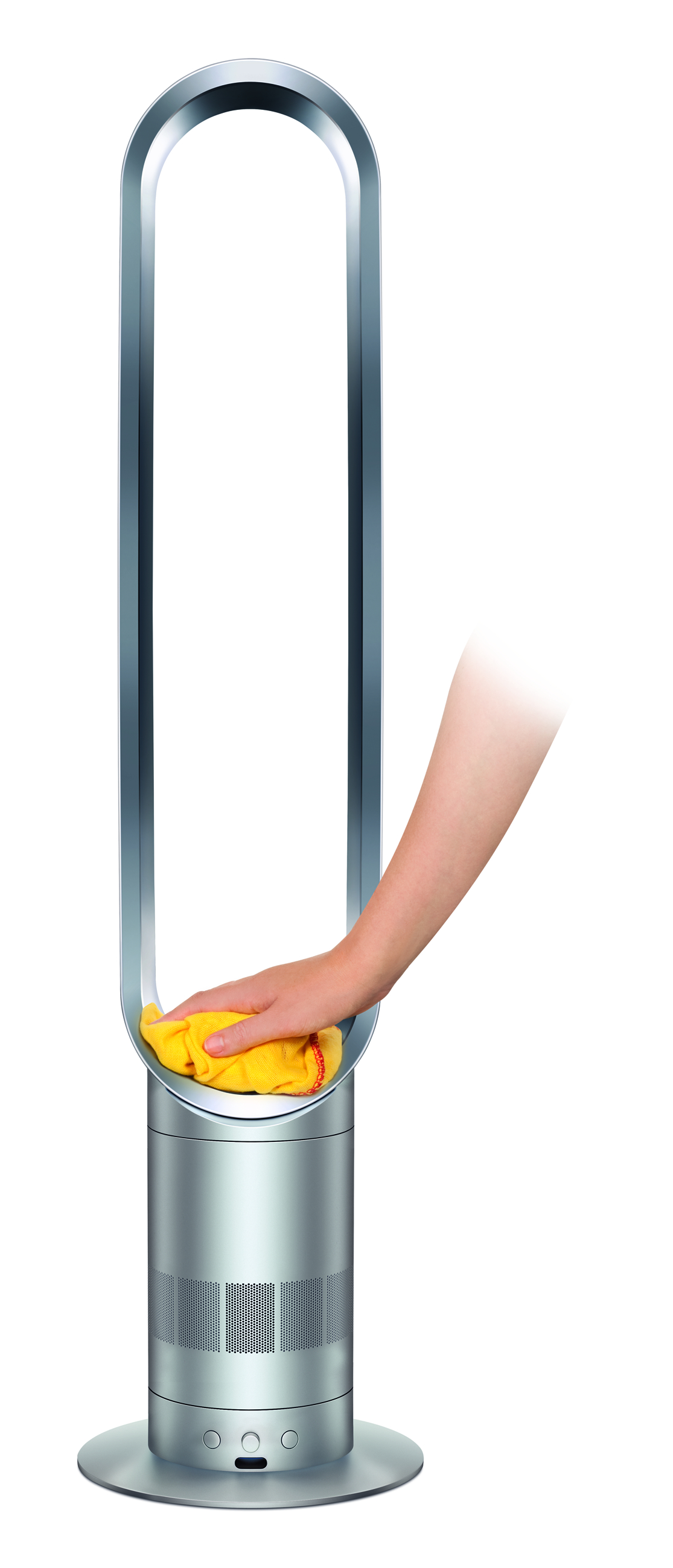 Ventilador Dyson plateado. Mano limpiando con paño amarillo.