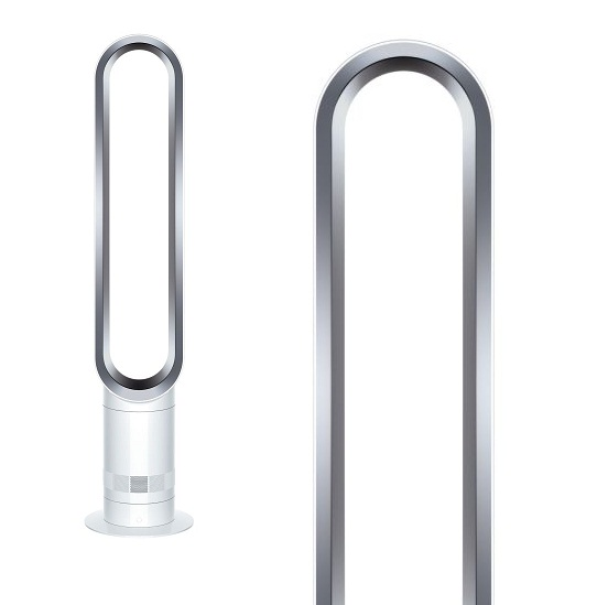 Ventilador Dyson blanco y plateado con un diseño ovalado. Hay un primer plano del marco junto a él.