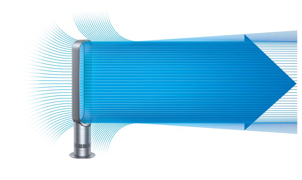 Un ventilador plateado con flujo de aire azul que emite hacia la derecha.