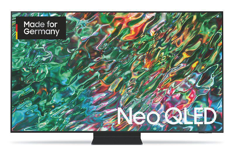 Großer schwarzer Fernseher mit Neo QLED, weißes Logo, Made for Germany.