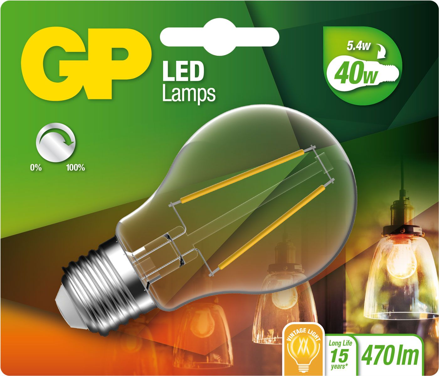 GP LED-lamp met geel logo, gloeilampontwerp en 40W, met een groene achtergrond.