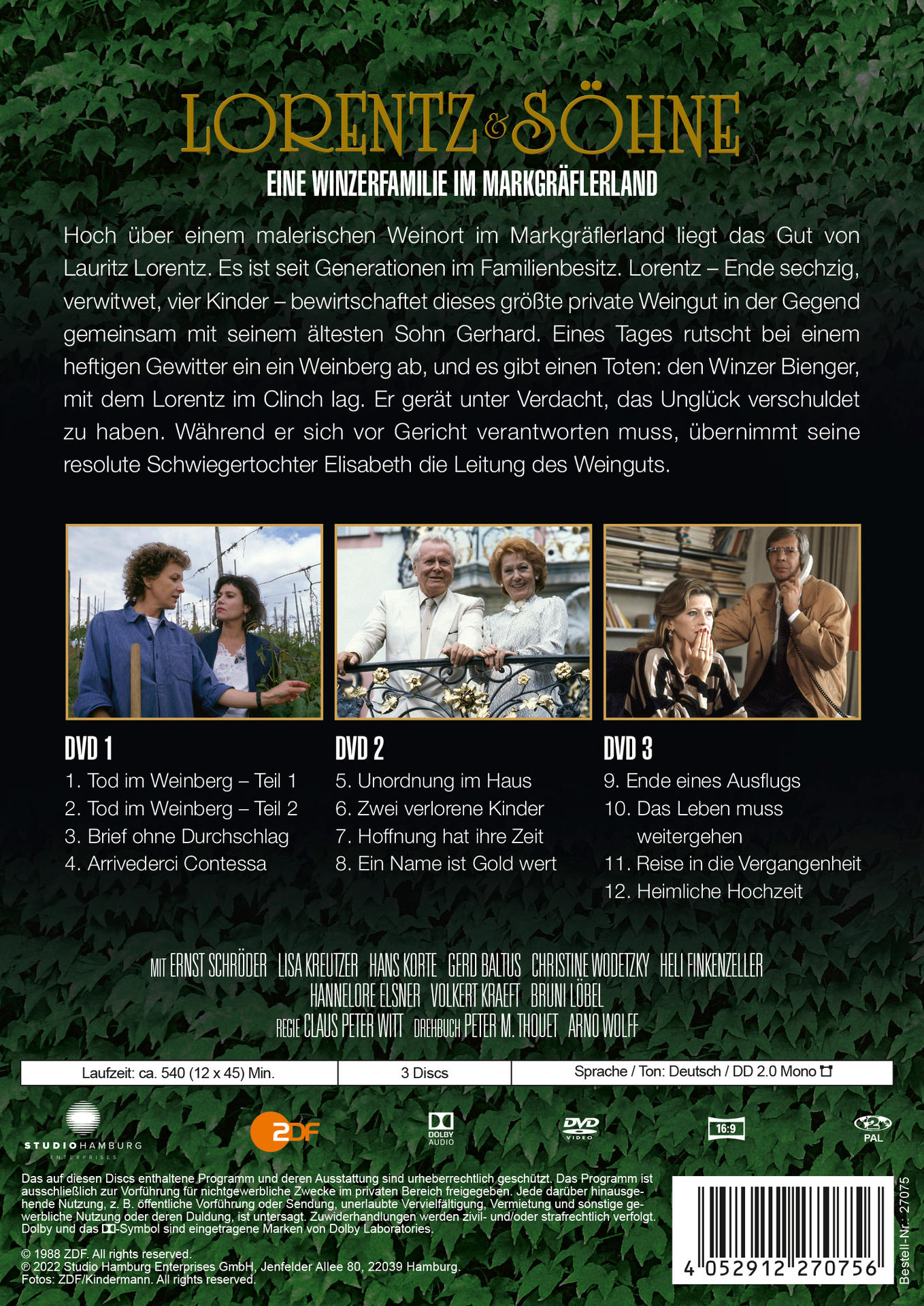 DVD-Cover mit Bildern von Personen, Text und einer Episodenliste.