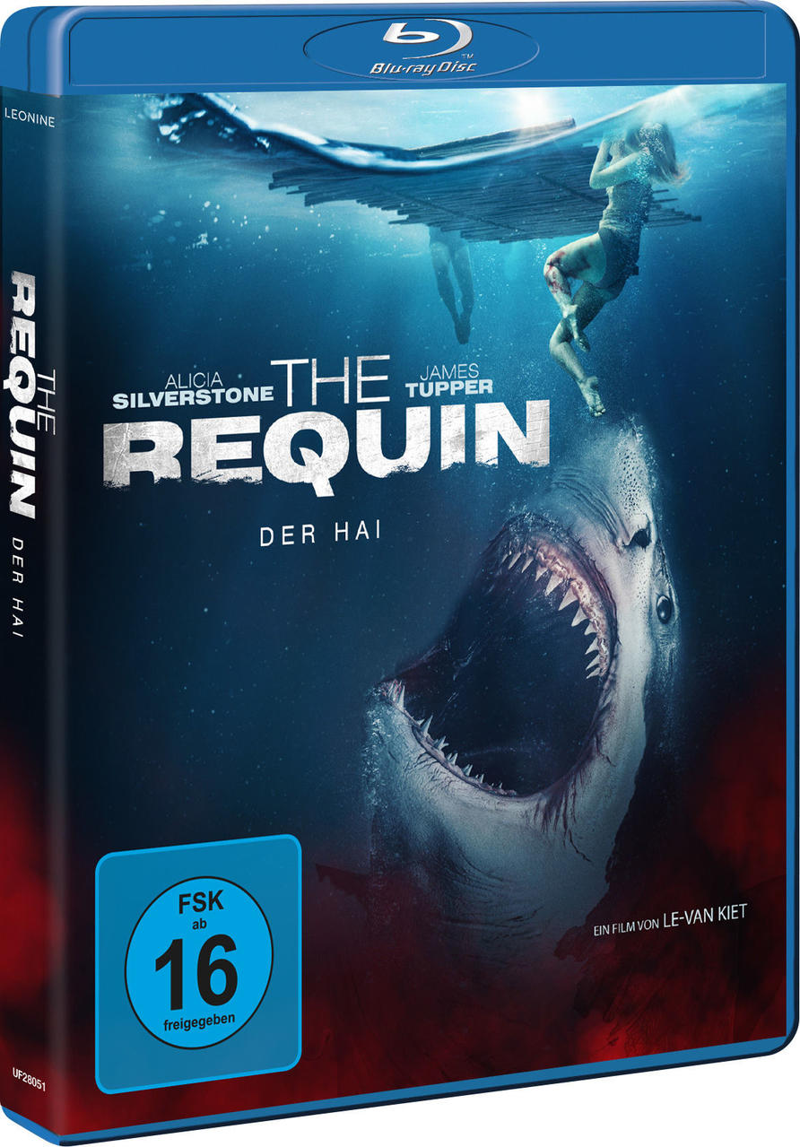 Filmcover von 'The Requin'. Hai mit offenem Maul und eine Frau im Wasser. Dunkelblaues und rotes Farbschema.