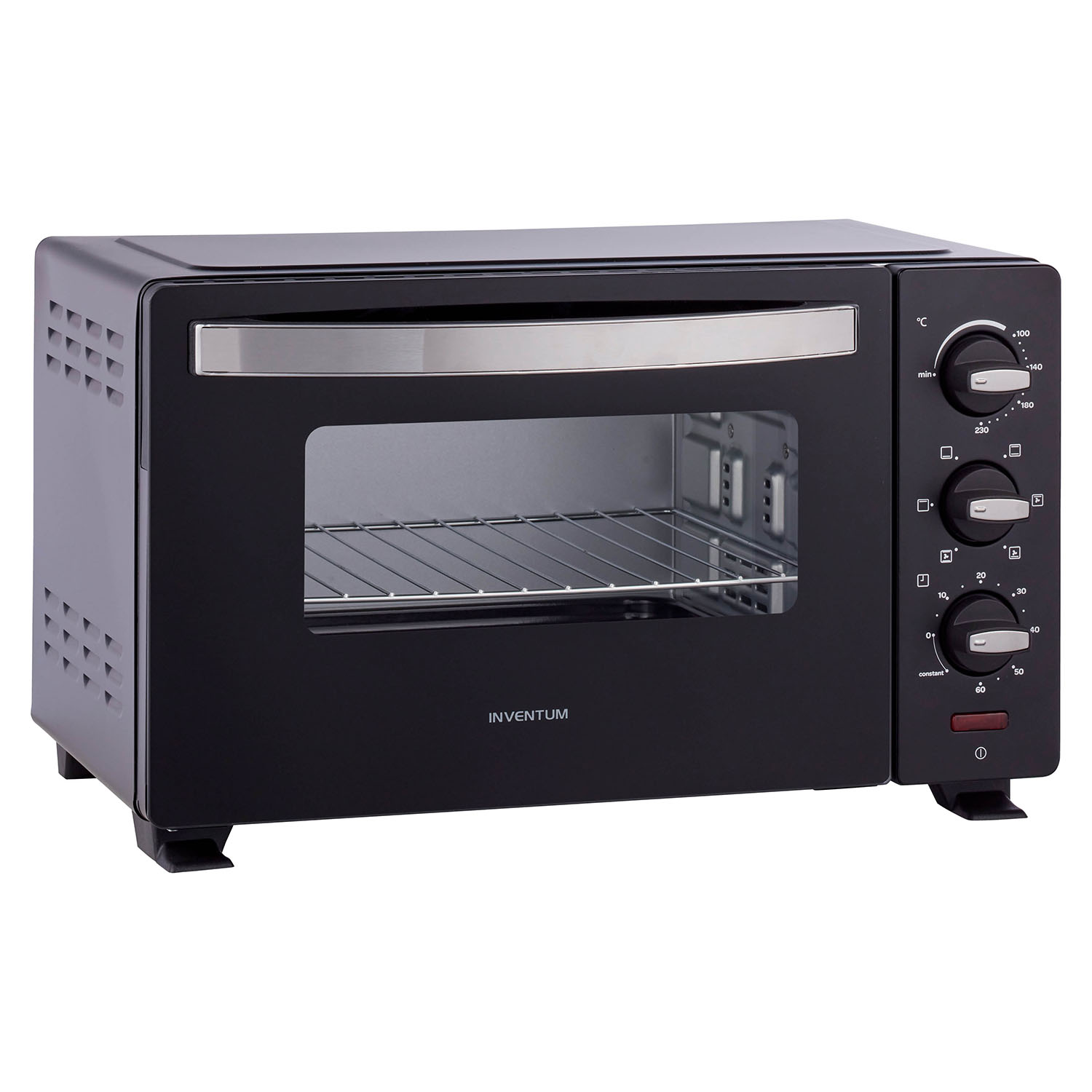 Black electric oven with a stainless steel handle. Knobs on the right side.