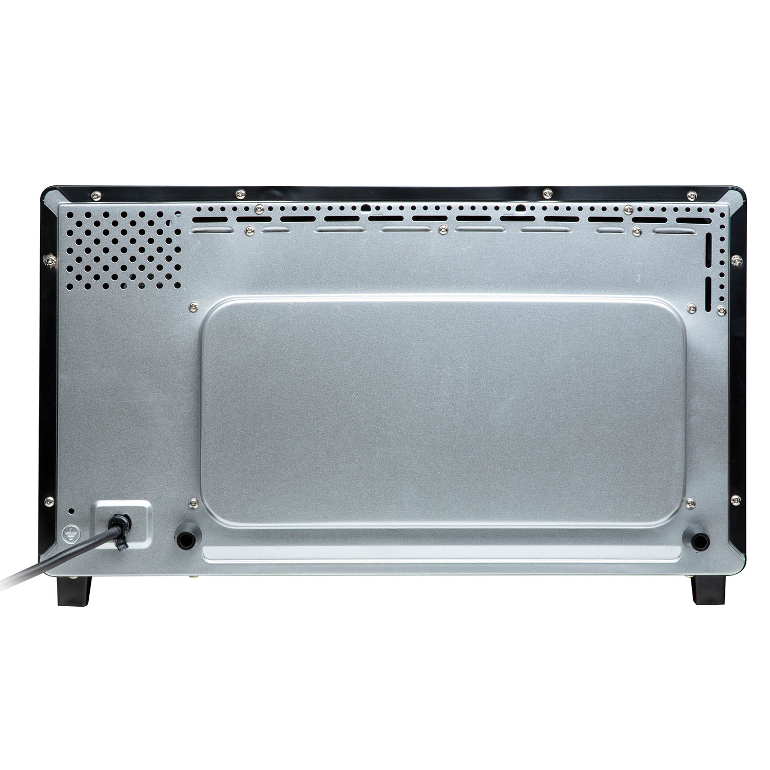 Back of a silver and black oven with a power cord.