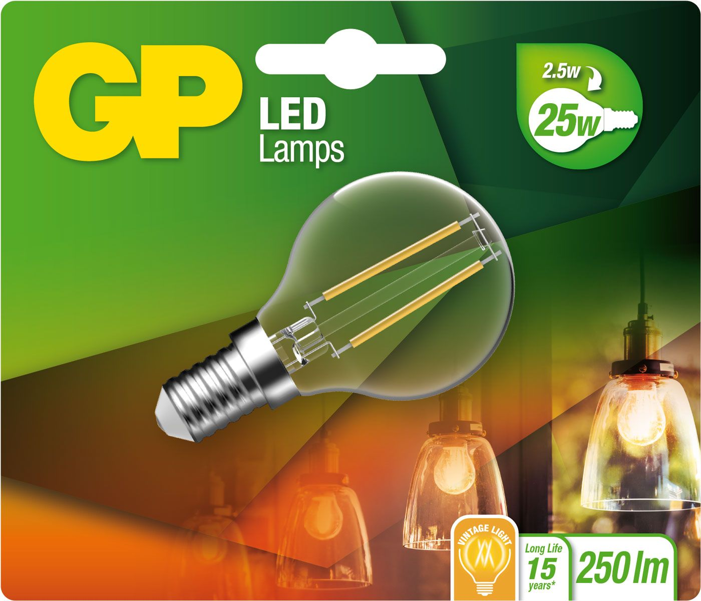 LED-lamp met een vintage lichtontwerp, geplaatst op een groene en oranje achtergrond.