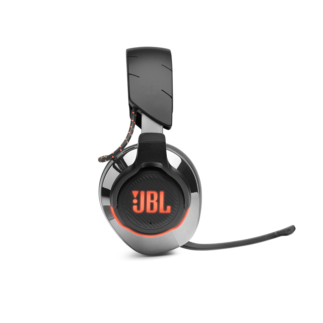 JBL-Gaming-Headset mit orangefarbenem Leuchten um die Ohrmuscheln. Das JBL-Logo ist prominent.