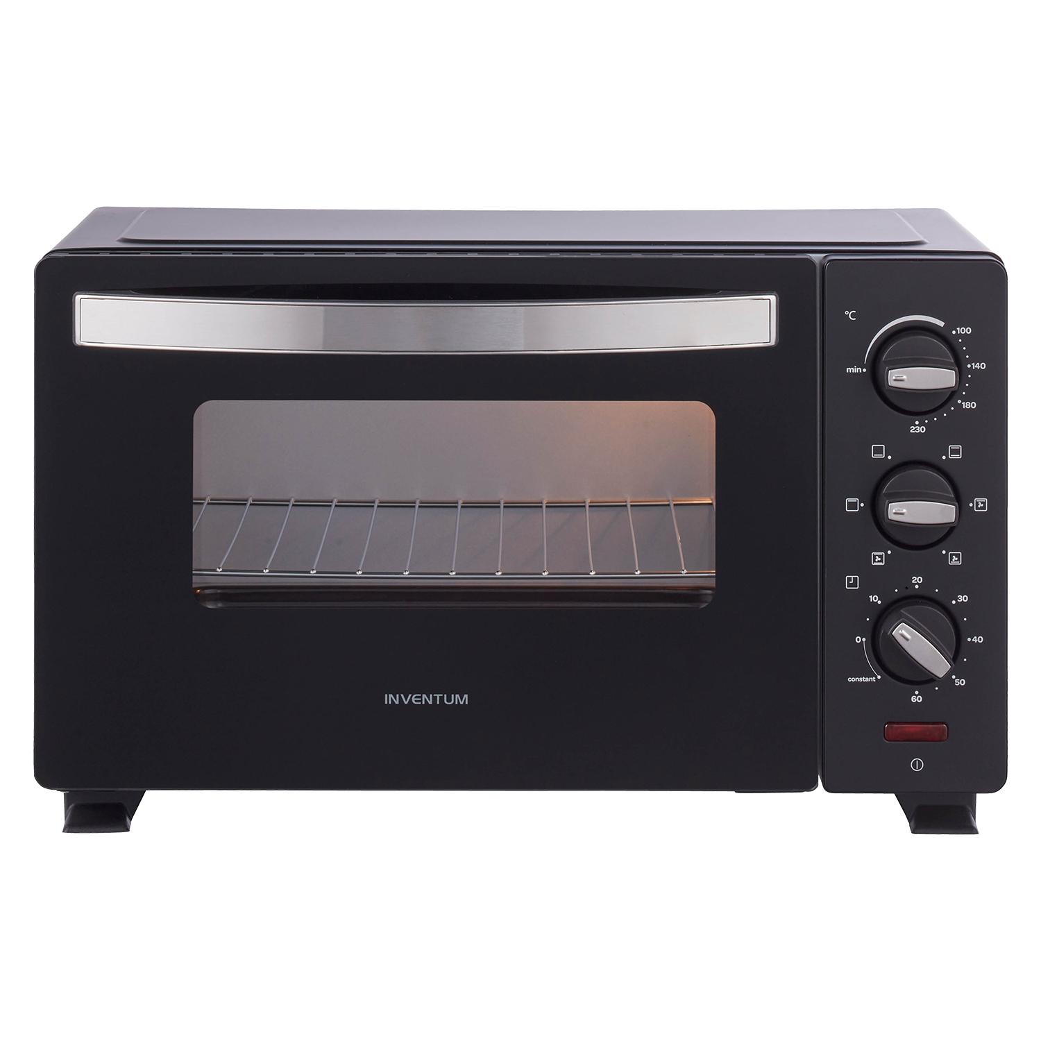 Black oven with silver handle, controls on the right. Black background.