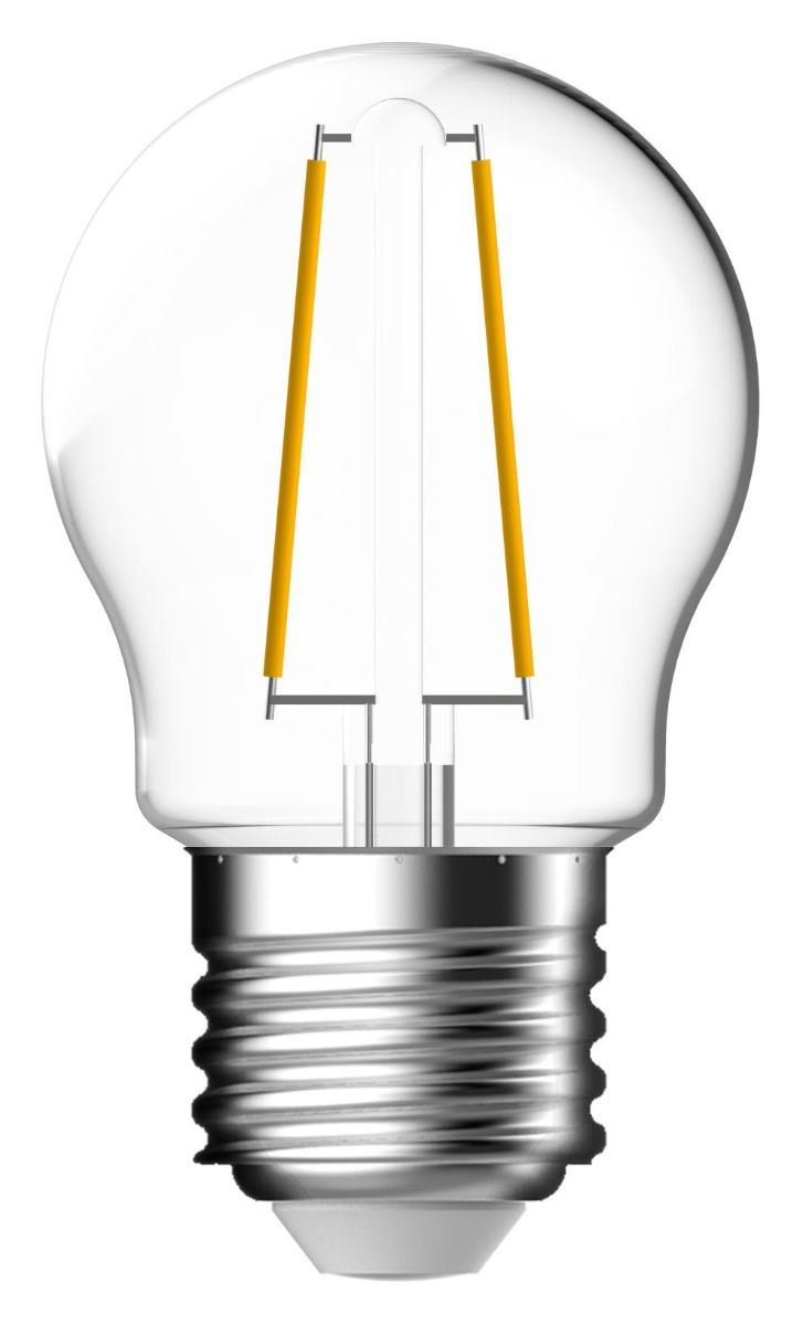 Transparante gloeilamp met gele filamenten en zilveren voet. Witte achtergrond.