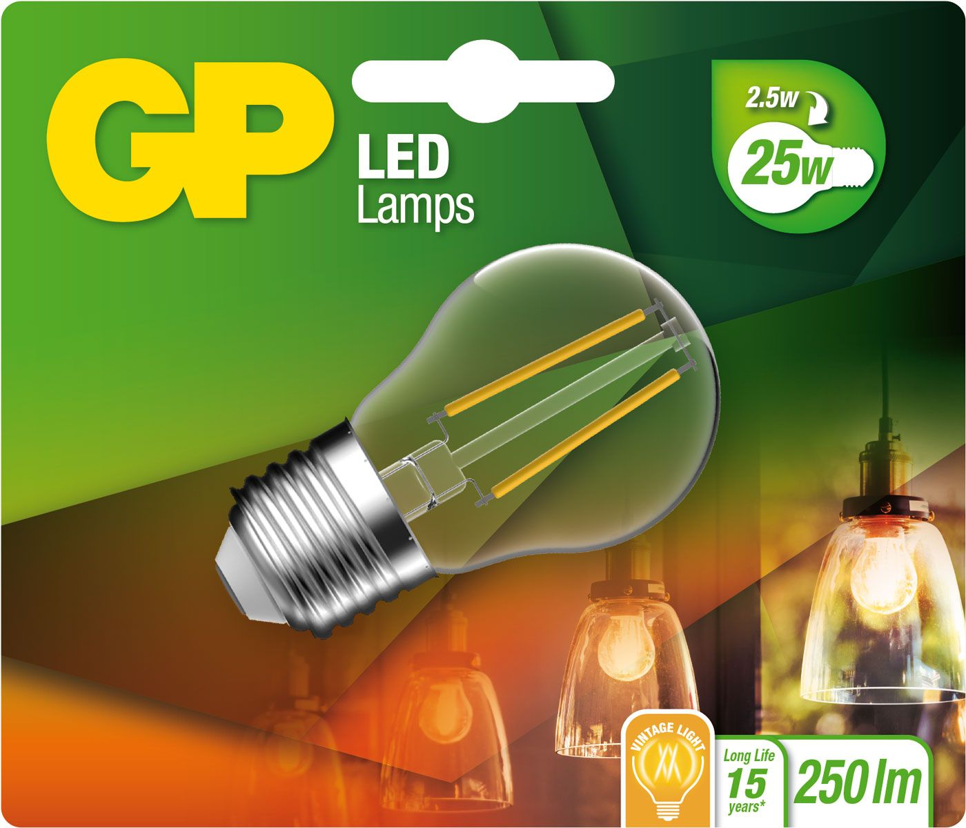 GP LED-lamp, groene en oranje achtergrond, met andere lampen op de achtergrond.