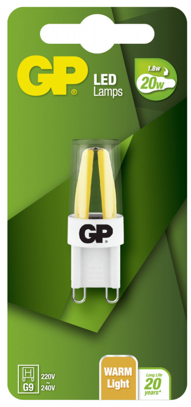 GP LED lamp verpakking met tekst en een gele lamp, tegen een groene achtergrond.