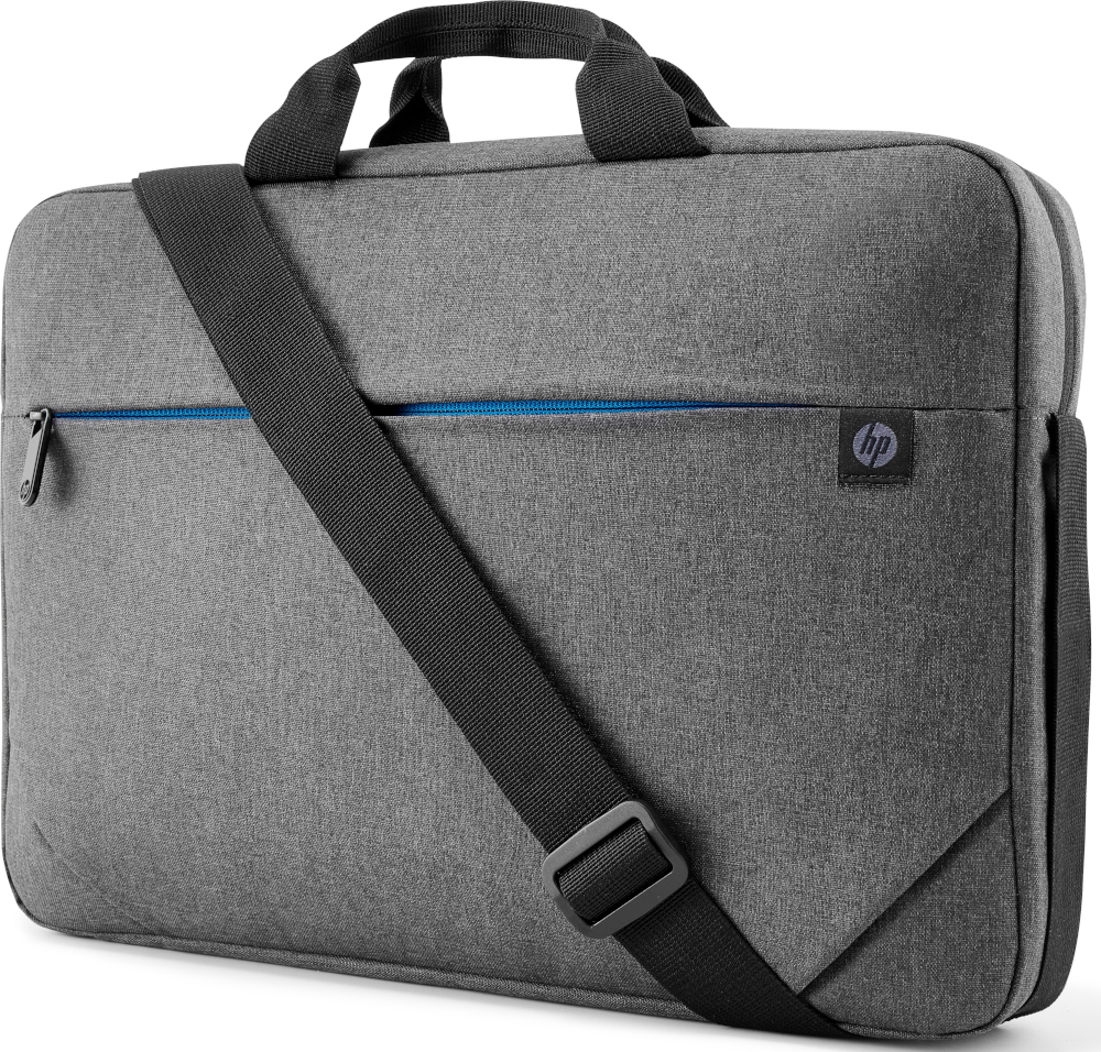 A grey HP laptop bag with a black strap and a blue zipper.