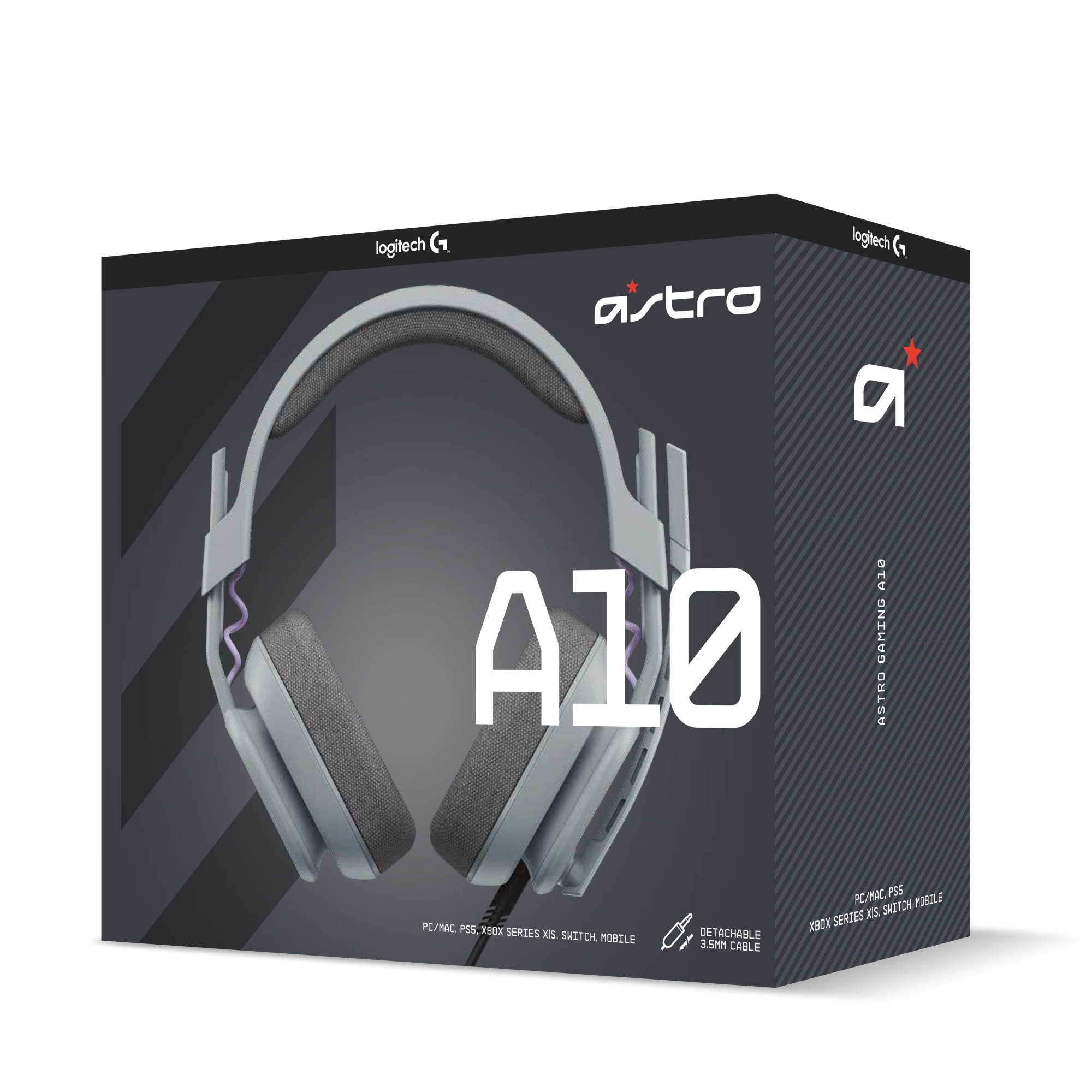 Astro A10 gaming headset doos. De doos heeft de headset afbeelding, A10 tekst en het Astro logo.