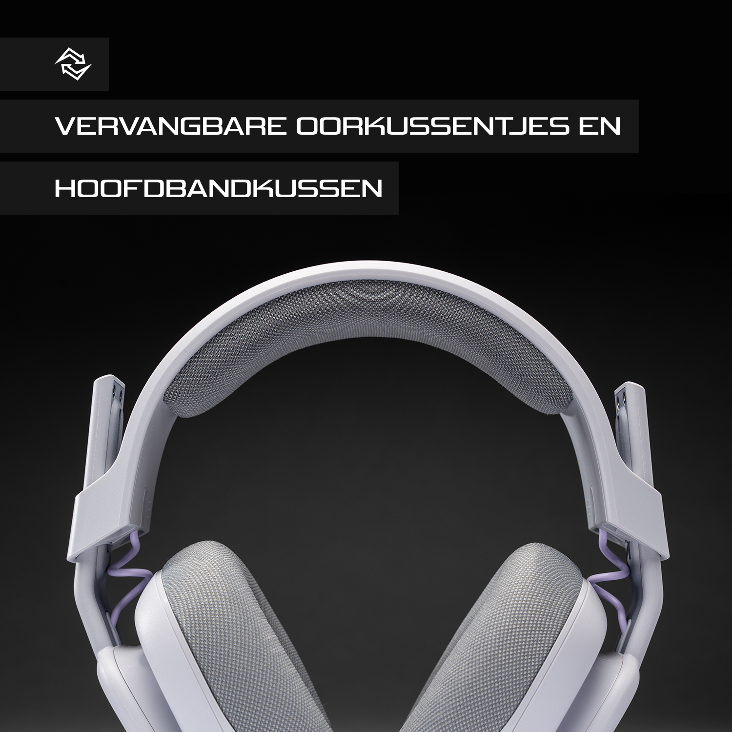Witte gaming headset met tekst: 'VERVANGBARE OORKUSSENTJES EN HOOFDBANDKUSSEN'.