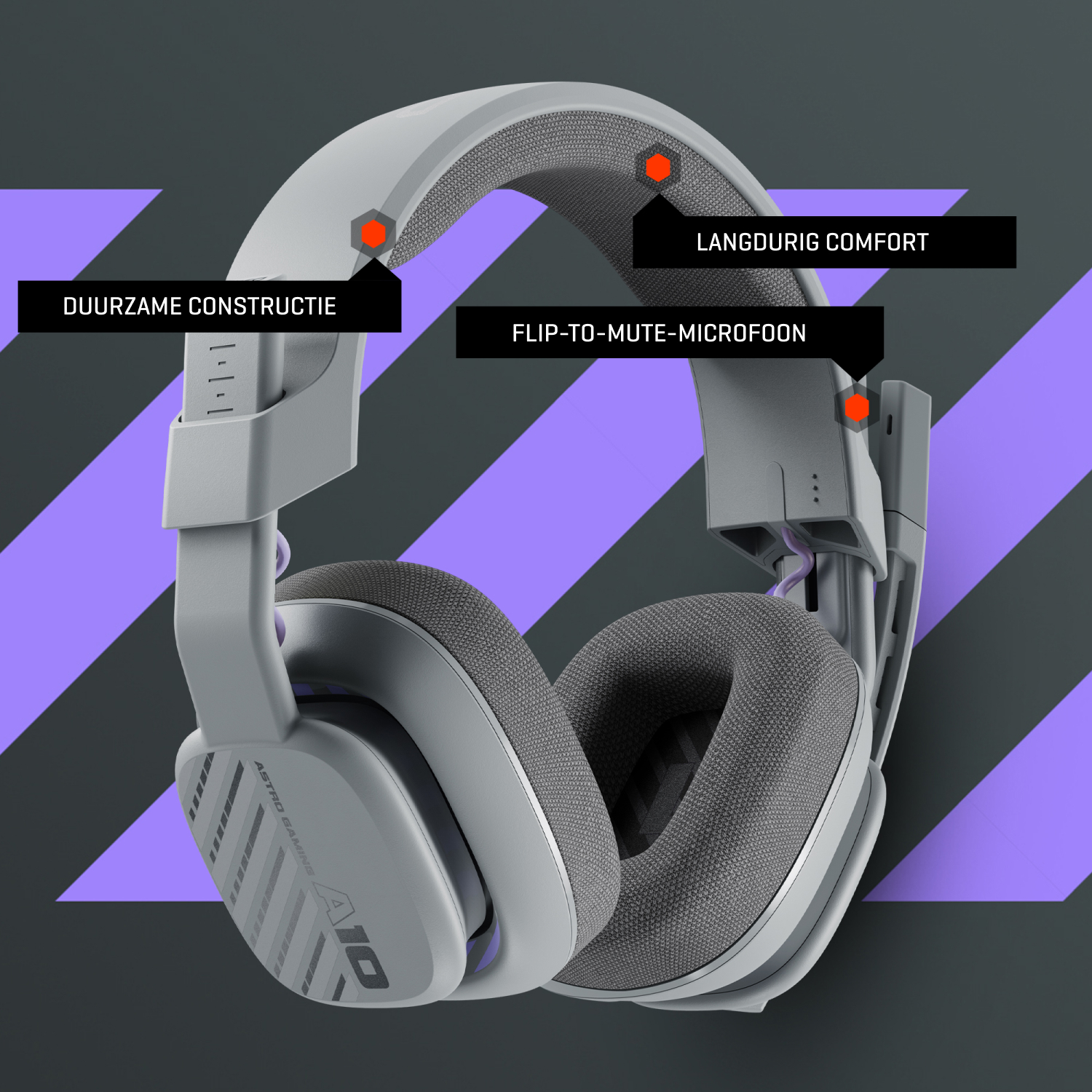 Een grijze gamingheadset met tekstlabels die functies aangeven.