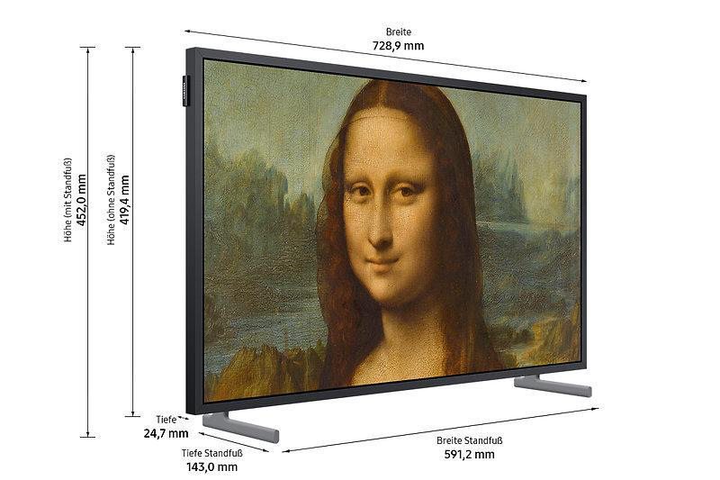Ein Fernsehbildschirm mit der Mona Lisa, mit angegebenen Abmessungen.