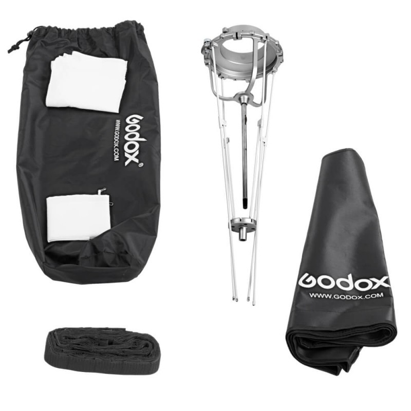 Godox Studio-Beleuchtungsausrüstung. Schwarze Tasche, Schirm und Gurt. Weiße Diffusoren enthalten.