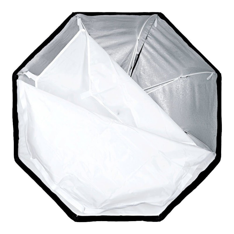 Eine offene achteckige Softbox für die Fotografie, mit einem weißen Diffusor und einem silbernen Innenraum.