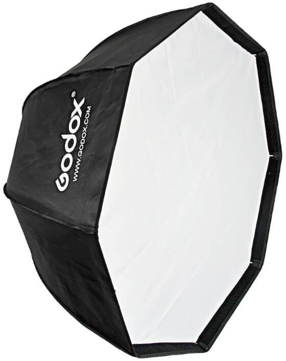 Schwarzer und weißer achteckiger Softbox, weißes Innen, schwarzes Außen, mit Godox-Logo.