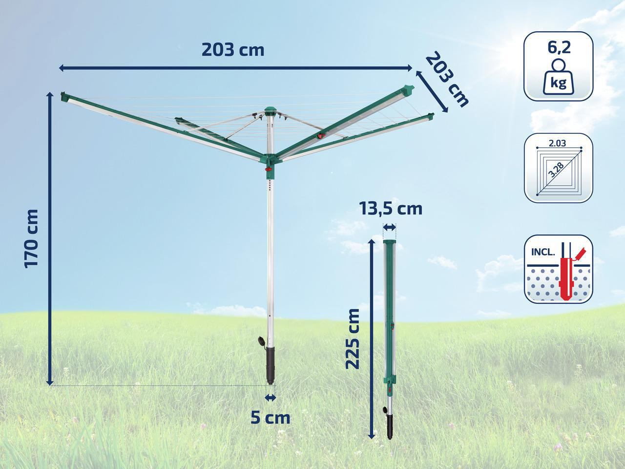 Eine Wäschespinne mit Abmessungen und Diagramm vor grünem Gras und blauem Himmel.