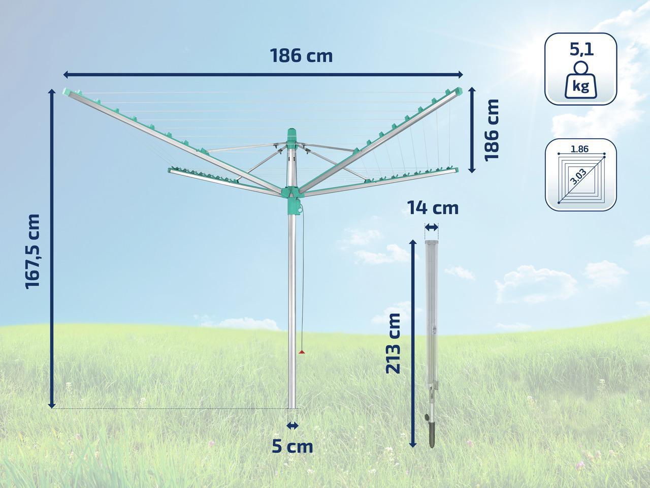 Weißer Wäschetrockner auf grünem Gras. Abmessungen und Gewicht werden angezeigt, Himmel im Hintergrund.