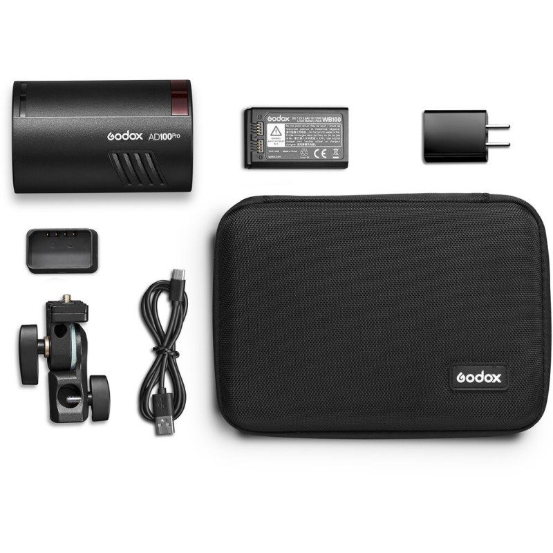 Godox AD100Pro Blitz-Kit mit Zubehör: Akku, Ladegerät und Tragetasche.
