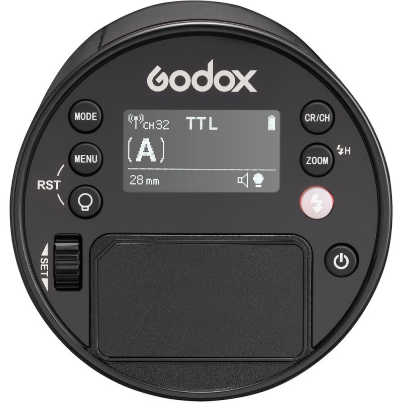 Schwarzer Kamera-Blitz mit Knöpfen und einem Bildschirm, der Einstellungen anzeigt. Das Godox-Logo ist sichtbar.