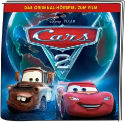 Cars 2 Filmcover, mit Mater und Lightning McQueen, mit einer Weltkarte im Hintergrund.