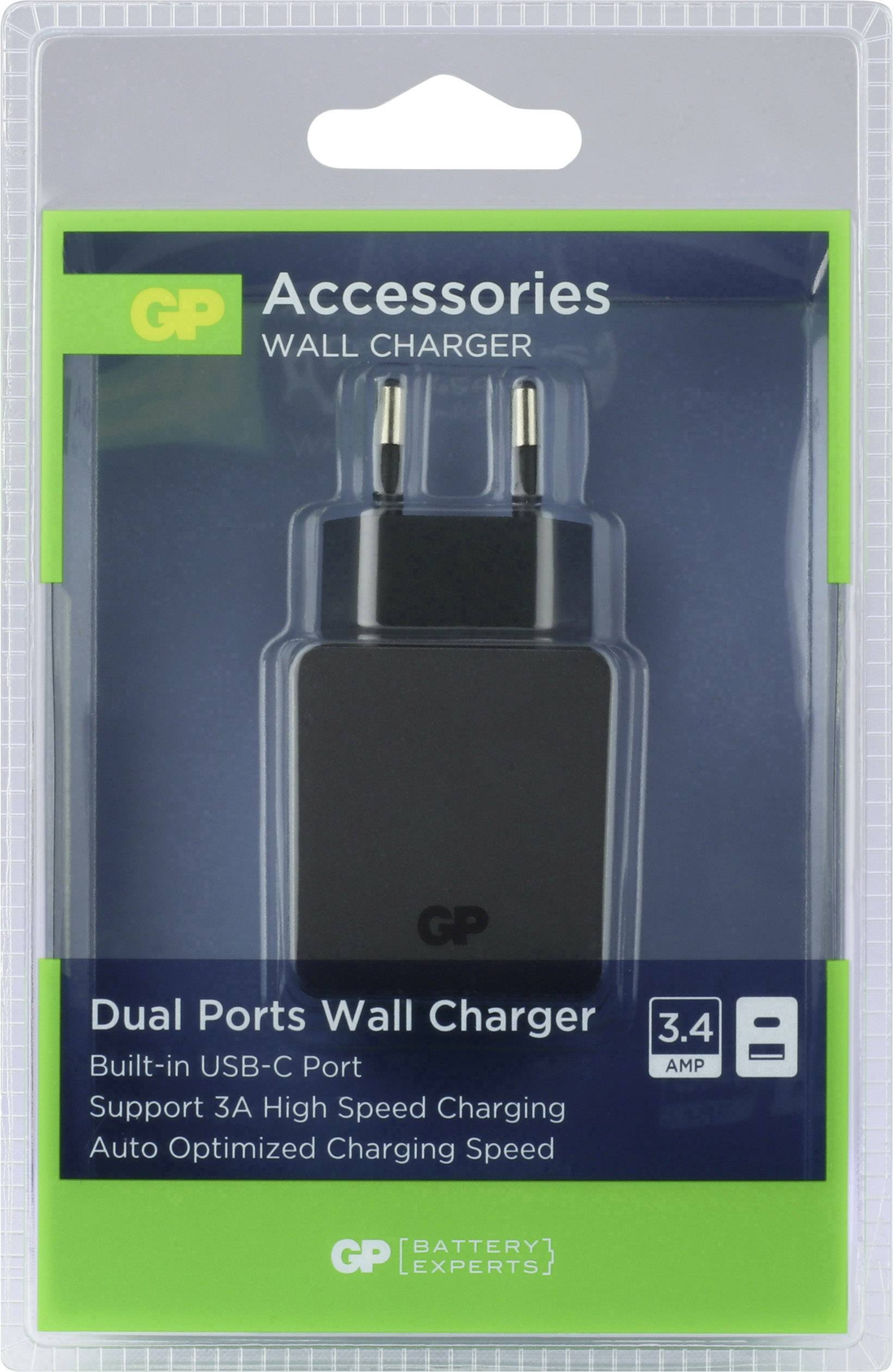 Black dual-port wall charger in a plastic package. Text: Accessories, Dual Ports Wall Charger, 3.4 AMP, GP logo.