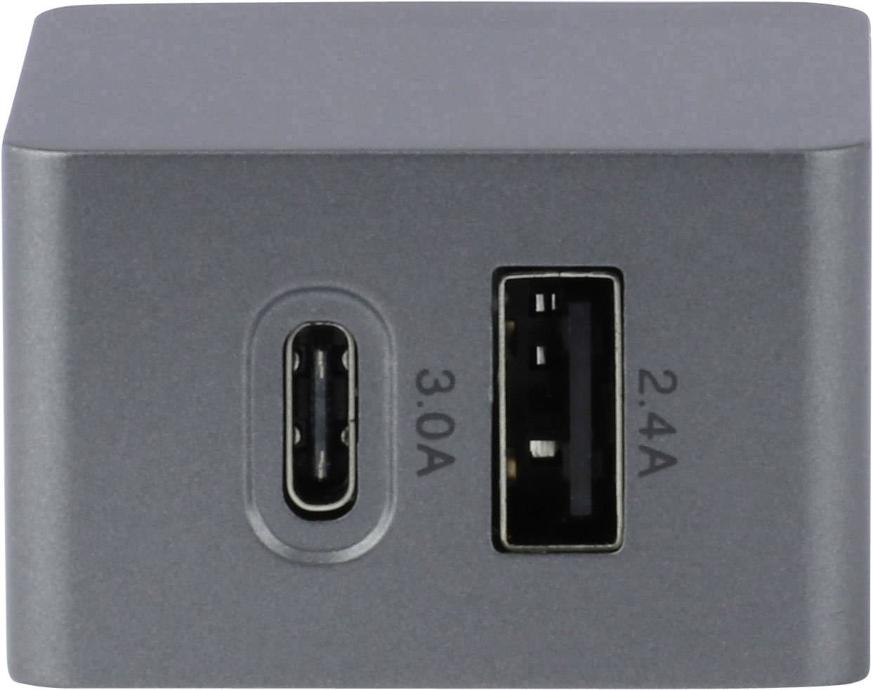 Gray USB charger with a USB-C port labeled 3.0A and a USB-A port labeled 2.4A. The charger is square-shaped.