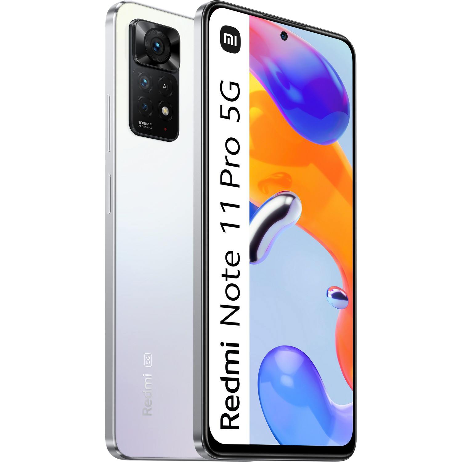 Teléfono Xiaomi blanco con configuración de triple cámara. Se muestra el texto Redmi Note 11 Pro 5G.