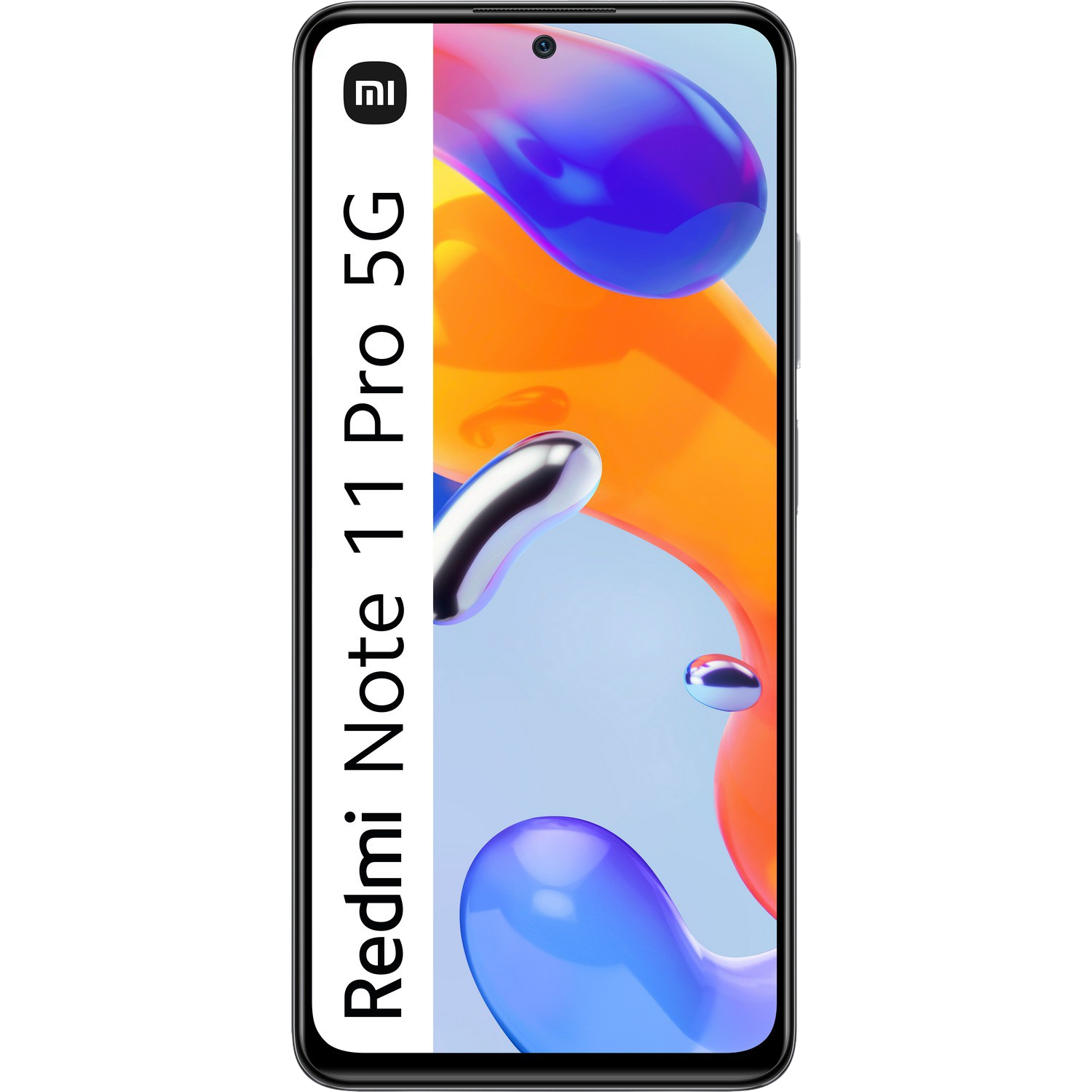 Smartphone Redmi Note 11 Pro 5G con pantalla colorida sobre fondo negro.