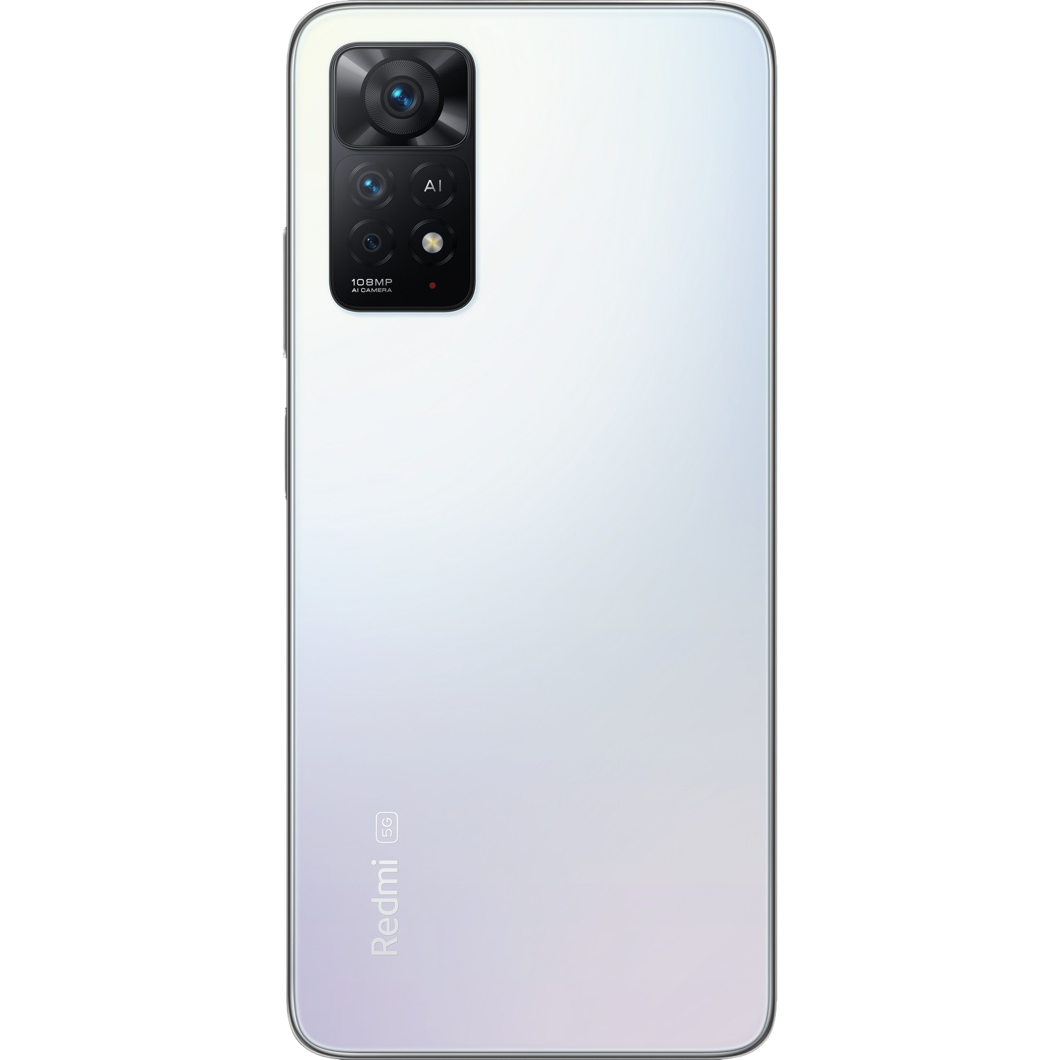 Teléfono Redmi blanco, vista trasera con un conjunto de cámaras y el logotipo Redmi 5G.