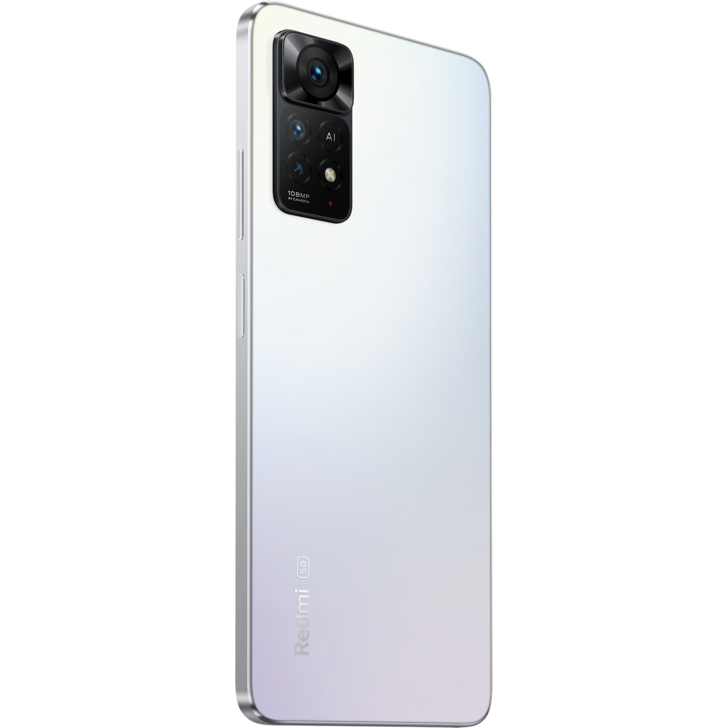 Un teléfono Redmi blanco con configuración de cámara y acabado brillante, sobre fondo negro.