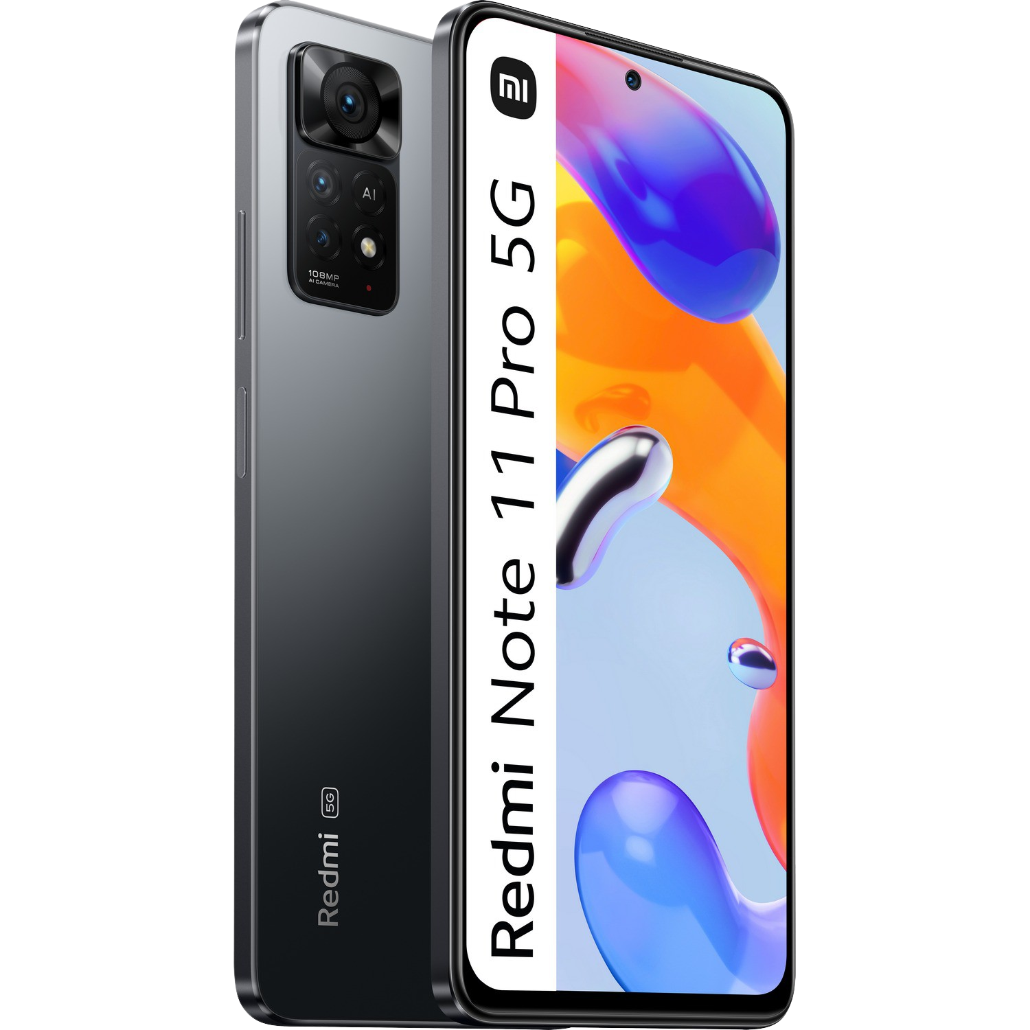 Un teléfono inteligente con la parte trasera gris y una pantalla que muestra las palabras Redmi Note 11 Pro 5G.