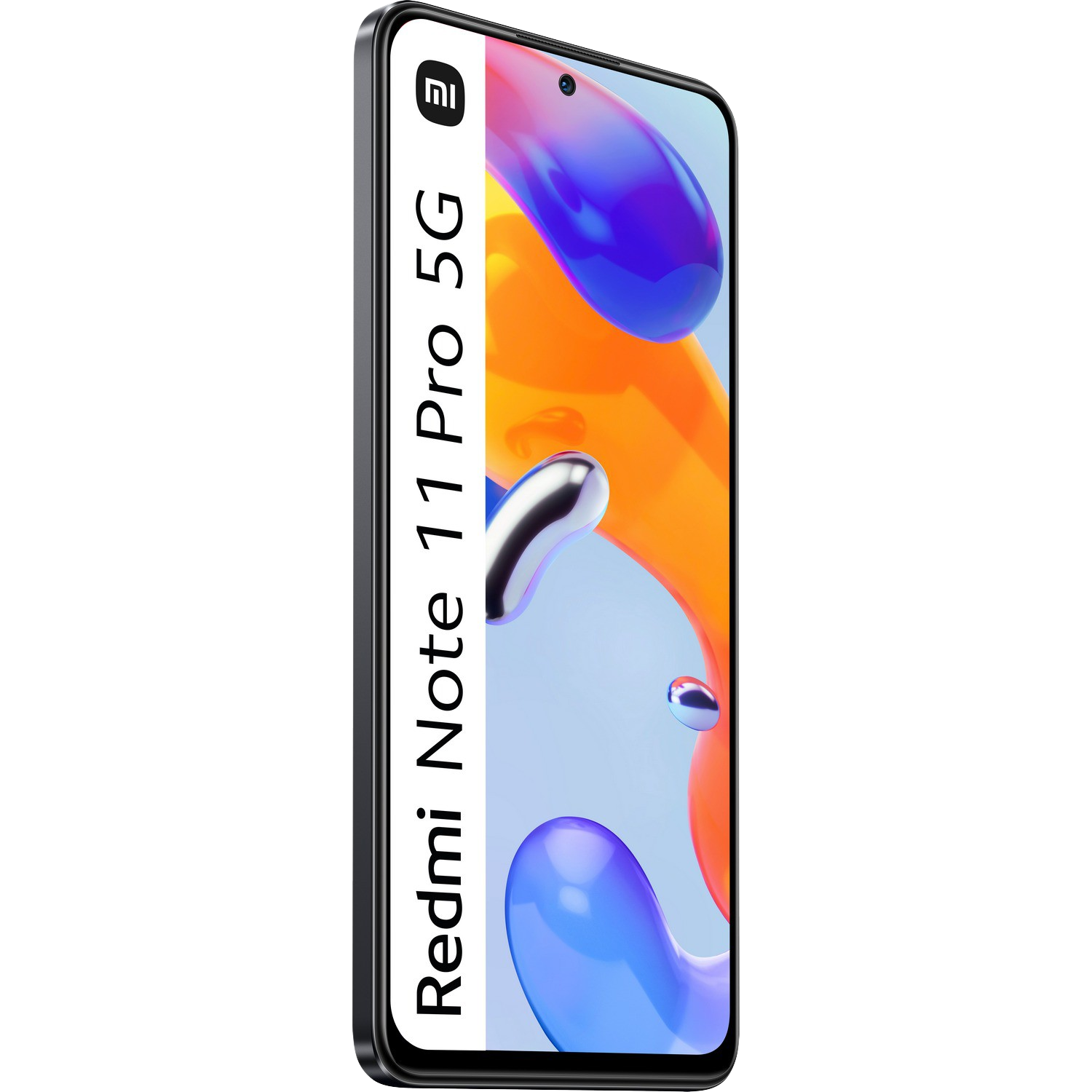 Smartphone Redmi Note 11 Pro 5G sobre fondo negro. Pantalla muestra diseño abstracto.