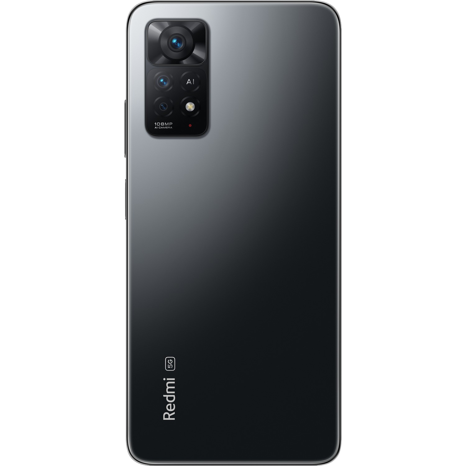 Teléfono Redmi negro con múltiples cámaras traseras, centrado sobre fondo negro.