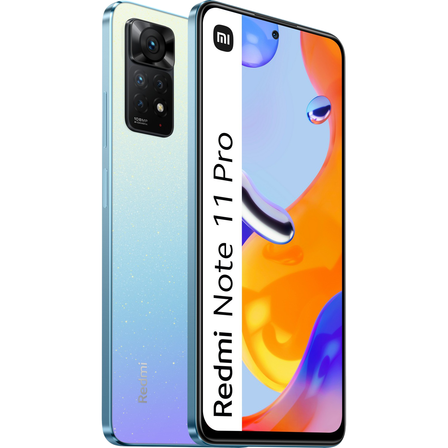 Teléfono Redmi Note 11 Pro, dos teléfonos. Uno muestra la parte trasera y el otro la pantalla.