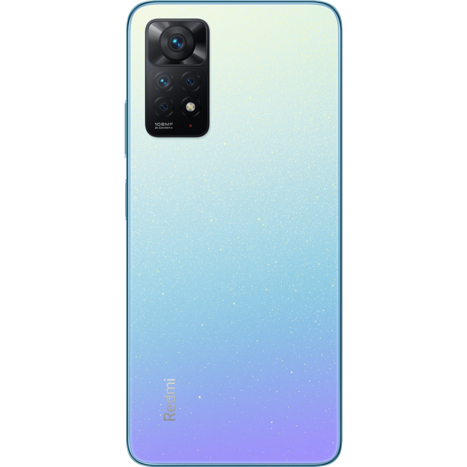 Parte trasera de smartphone con degradado azul y múltiples cámaras. Fondo negro.