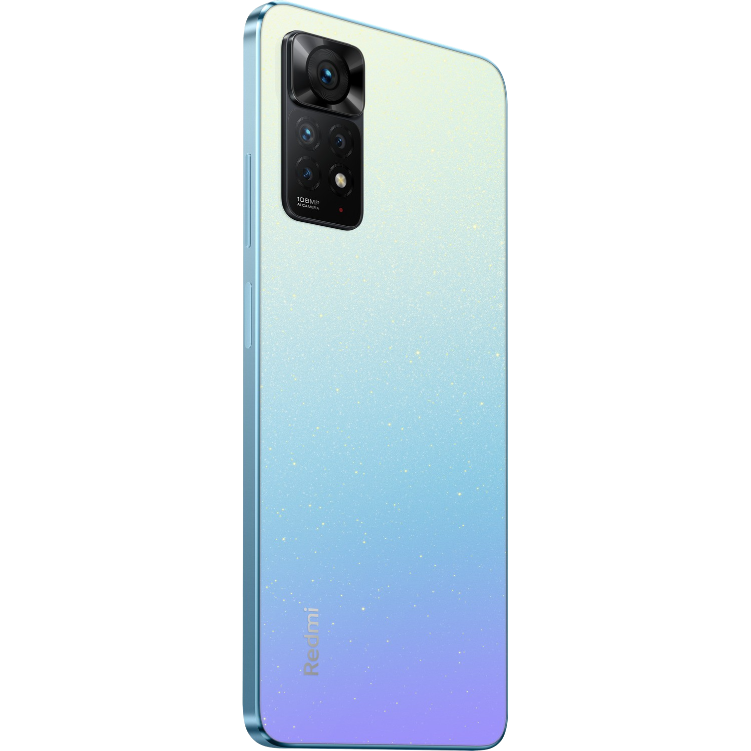 Parte trasera de un teléfono degradado azul y blanco con un bulto de la cámara. Logotipo de Redmi.
