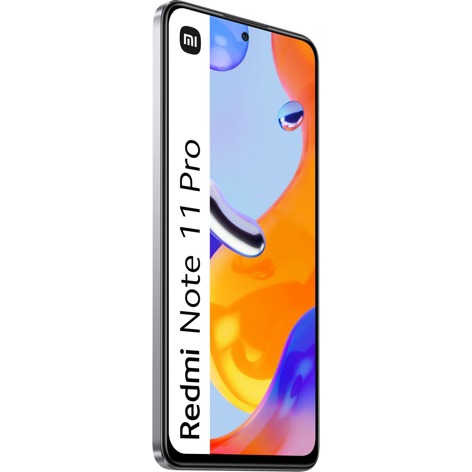 Teléfono Redmi Note 11 Pro, lado de la pantalla. Imagen abstracta naranja y azul en la pantalla.