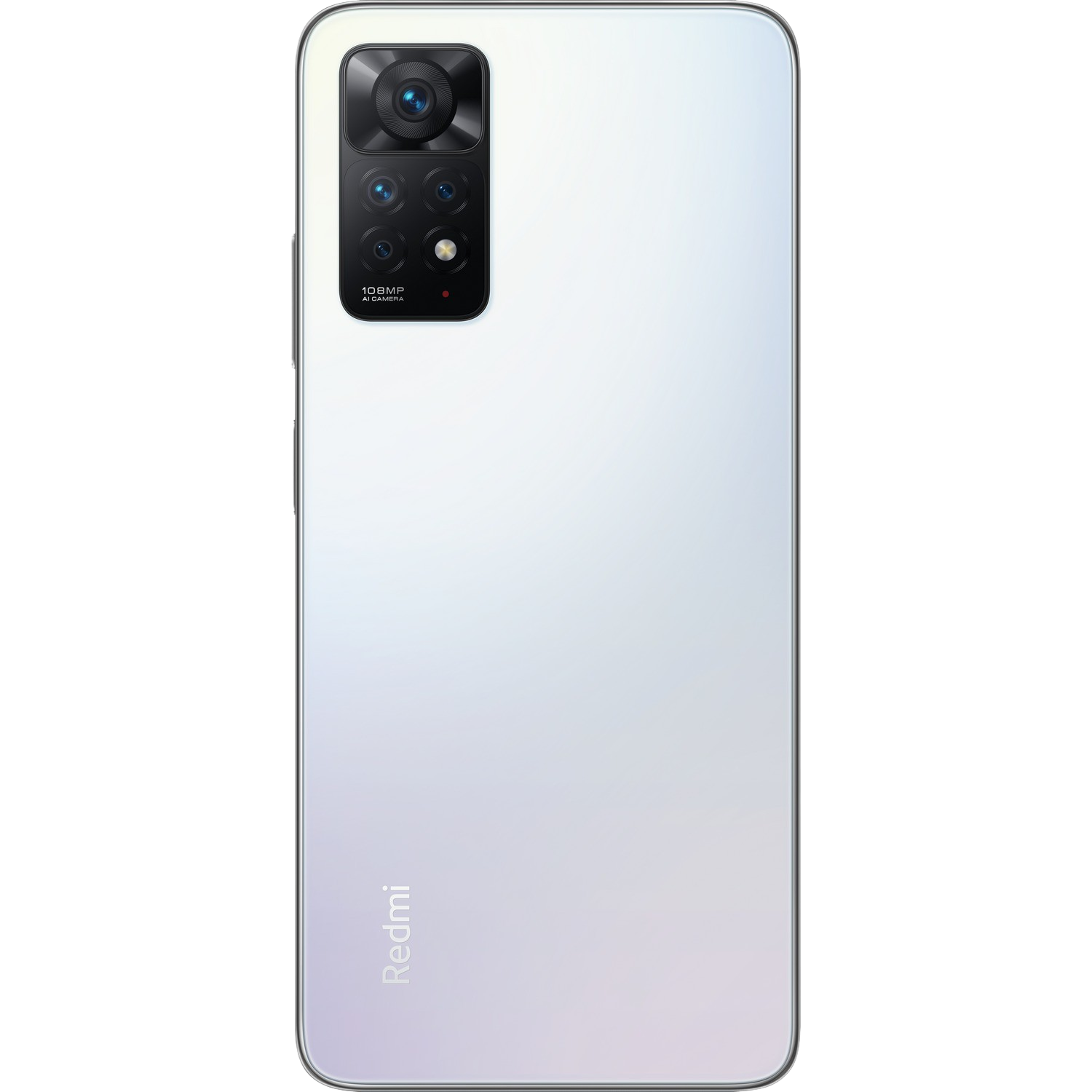 Un teléfono inteligente Redmi blanco, la parte trasera, con un módulo de cámara rectangular en la parte superior izquierda.