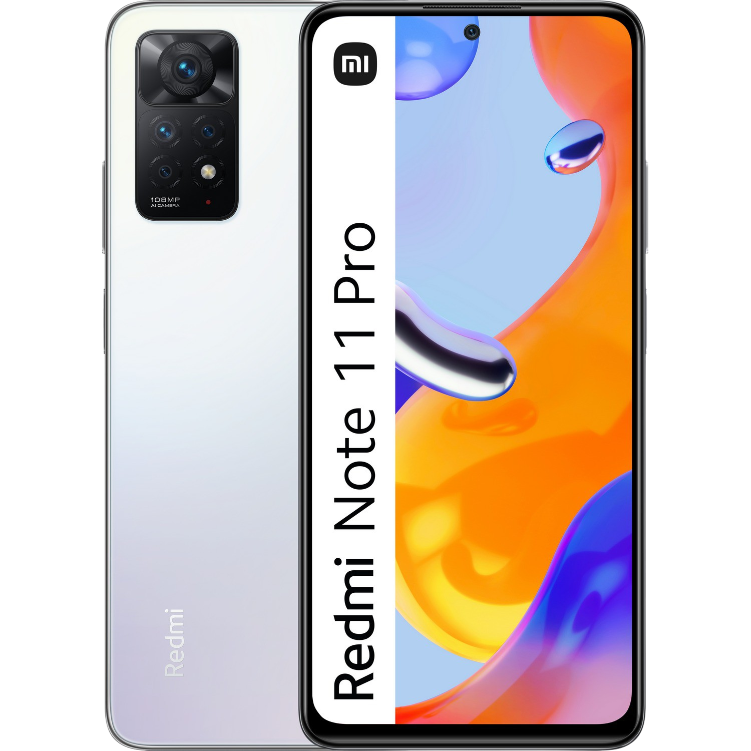 Un teléfono móvil Redmi Note 11 Pro blanco con dos cámaras en la parte trasera y la pantalla encendida.