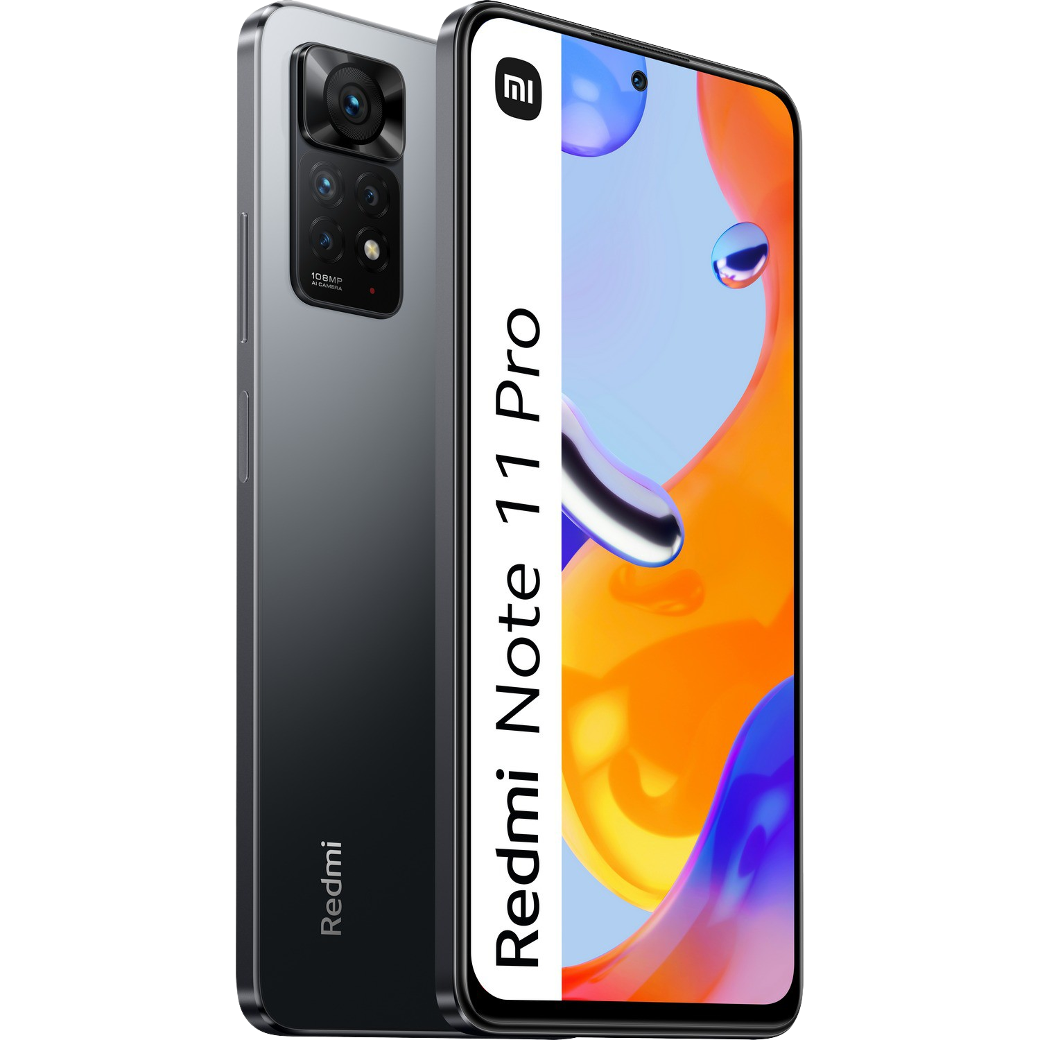 Teléfono Redmi Note 11 Pro, parte trasera negra y pantalla mostrando gráficos naranjas y azules.