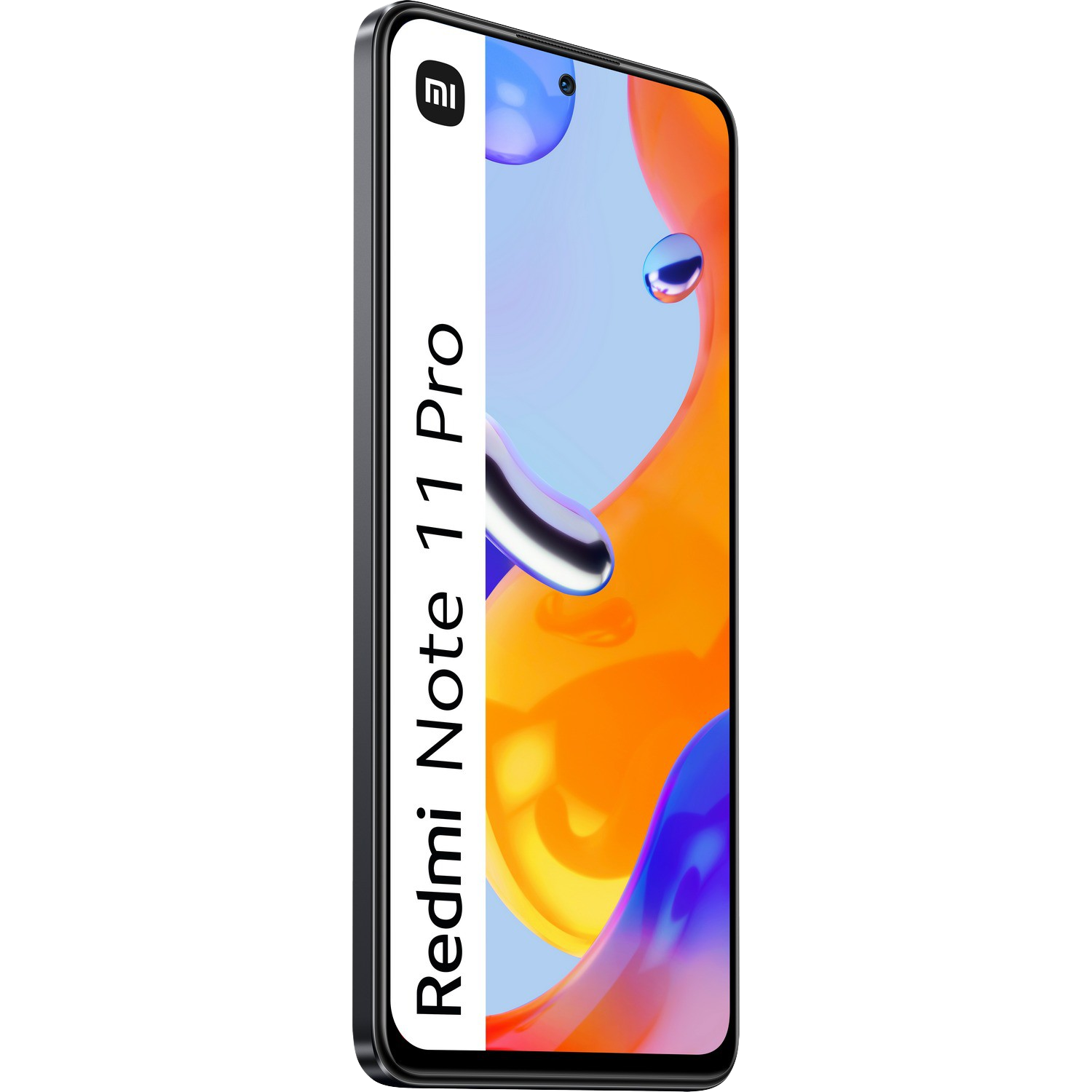 Smartphone negro, pantalla con arte abstracto naranja y azul vibrante. El teléfono en perfil.