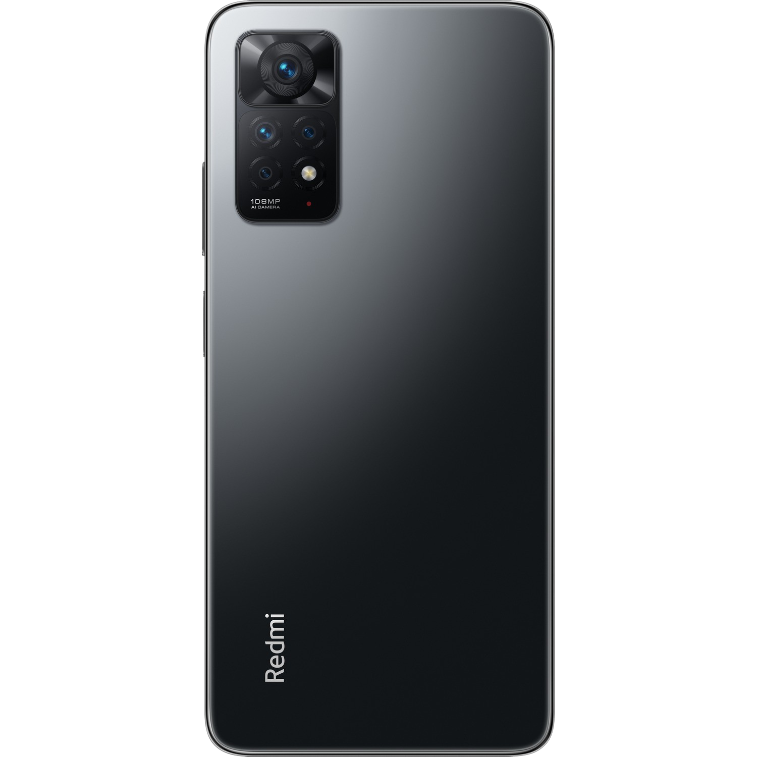 Parte trasera de un smartphone gris oscuro con protuberancia de la cámara y el logo de Redmi.