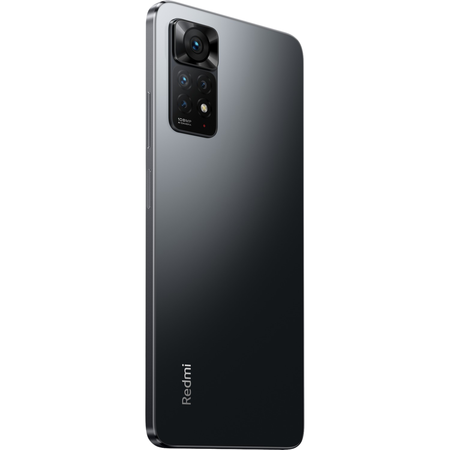 Smartphone negro con protuberancia de cámara, tres lentes y logotipo Redmi, fondo negro.