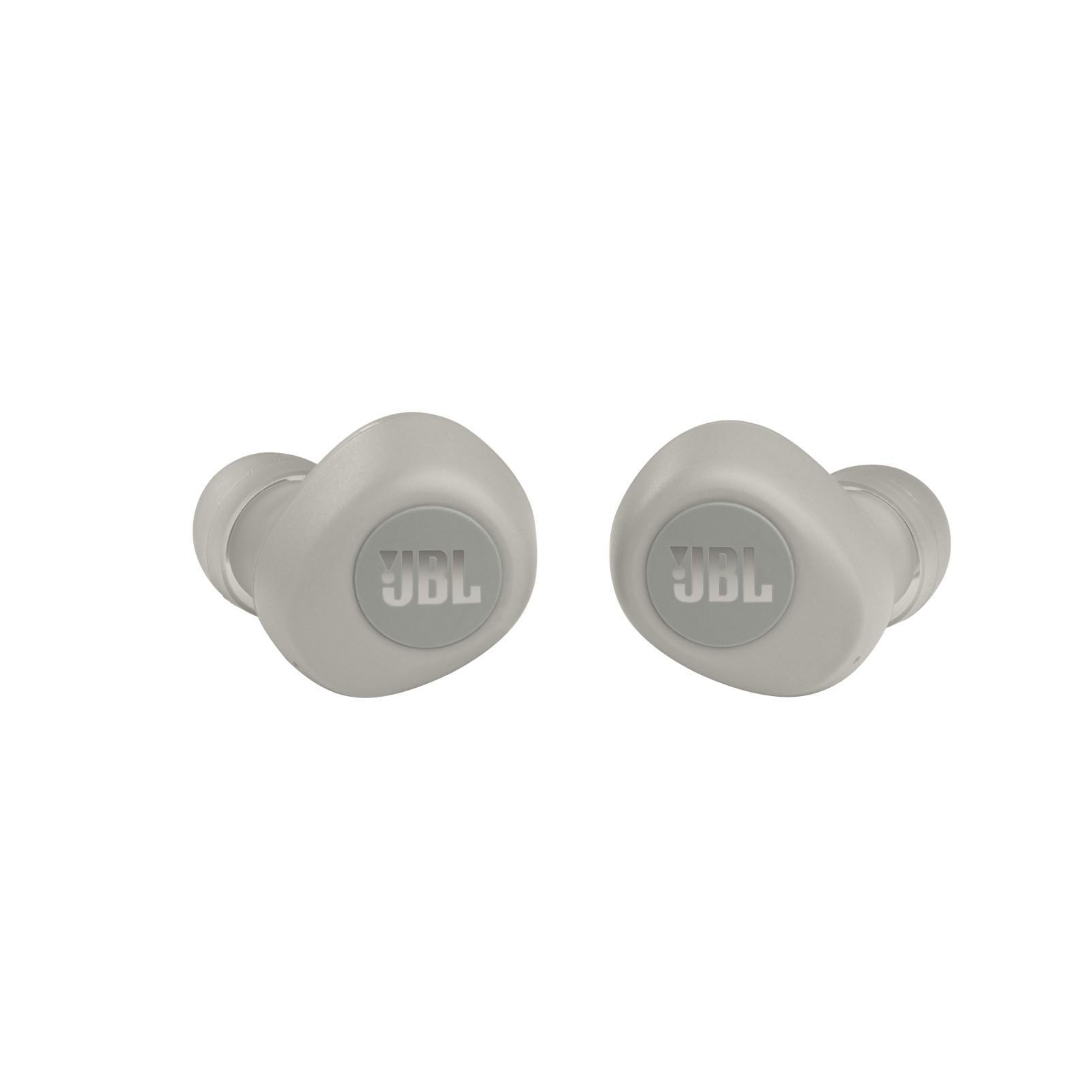 Zwei graue JBL-Ohrhörer. Jeder hat das JBL-Logo. Weißer Hintergrund. Seitenansicht.