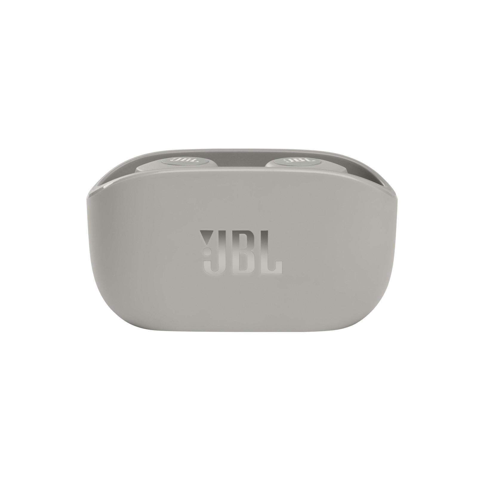 Graue JBL Ohrhörer in einem grauen Ladecase, auf weißem Hintergrund.