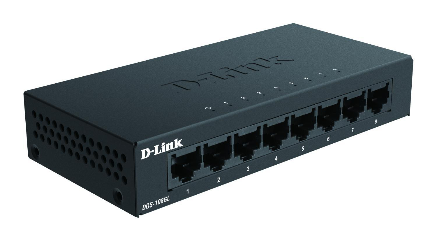Schwarzer D-Link Netzwerk-Switch. Er hat 8 Ports und ein D-Link-Logo. Das Modell ist DGS-108GL.